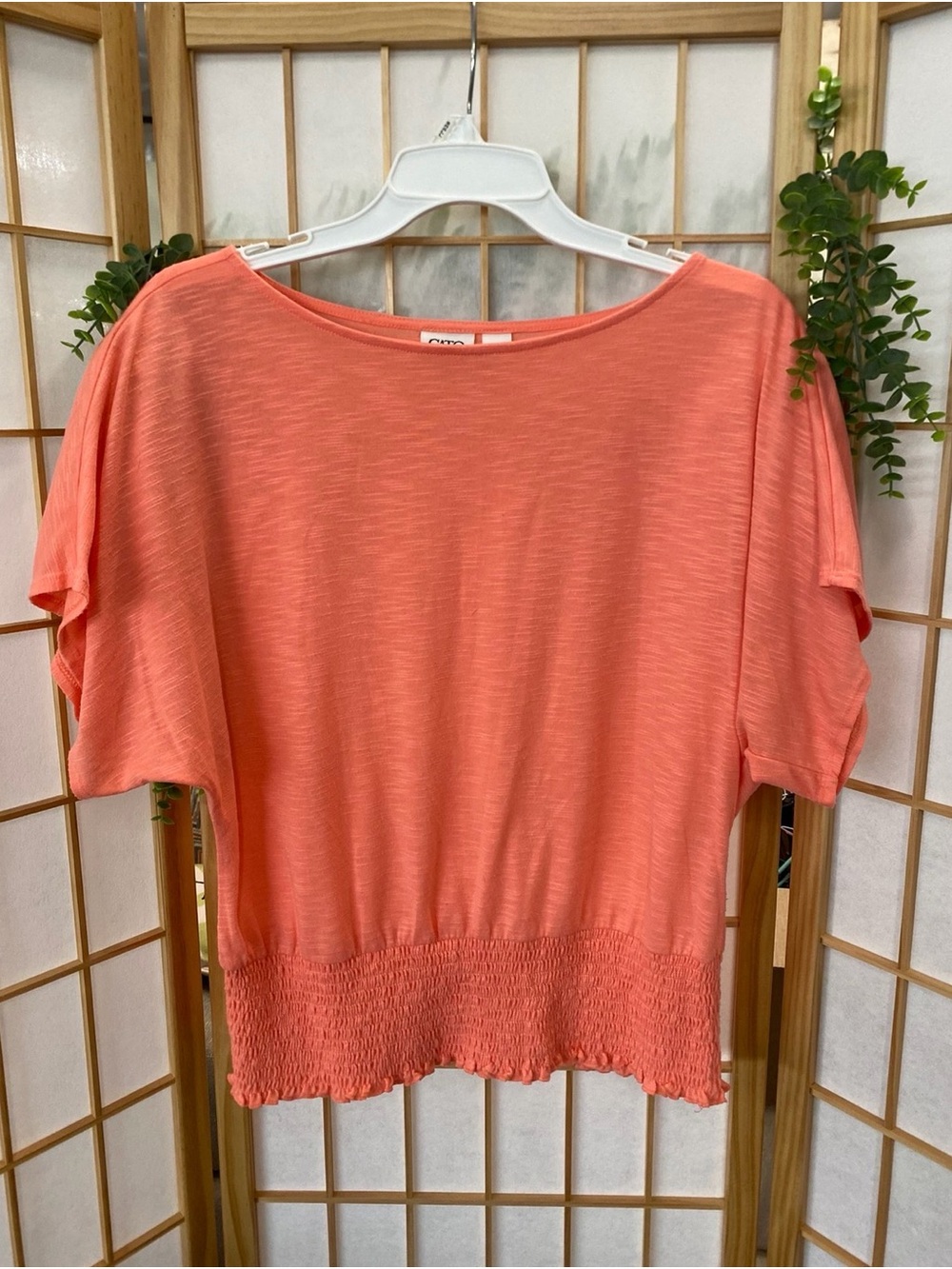 Cato Coral Short-Sleeve Smocked-Hem Top